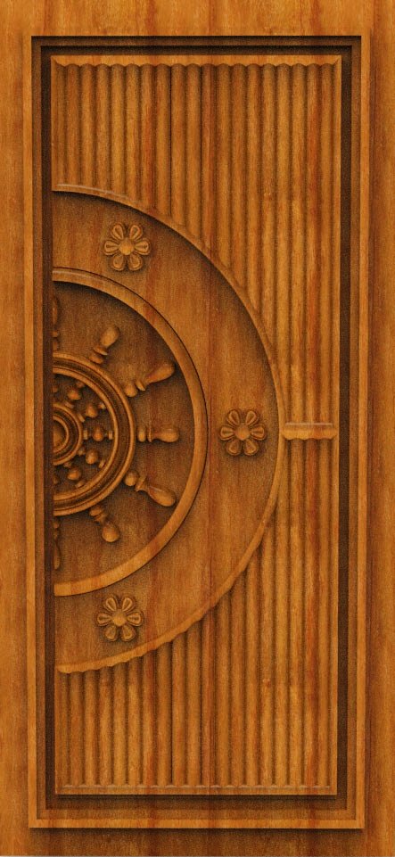 3D DOOR - OAK-87 Nautical Theme Helm and Floral Relief Carved Door Design